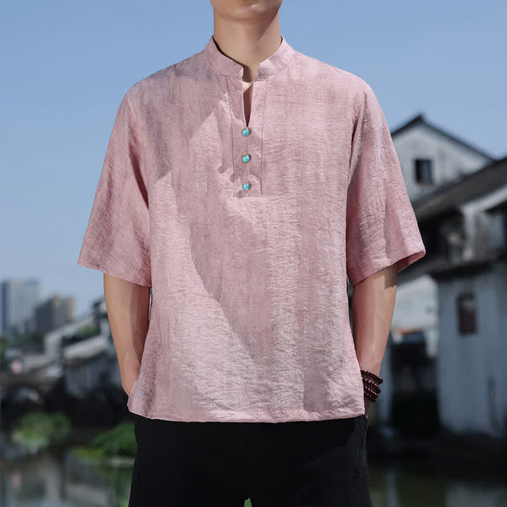 Buddha Stones 夏物タイ族民族半袖メンズノッチカラーボタンTシャツ - ライトピンク - US/UK/AU46、 EU56 (5XL) - image 10