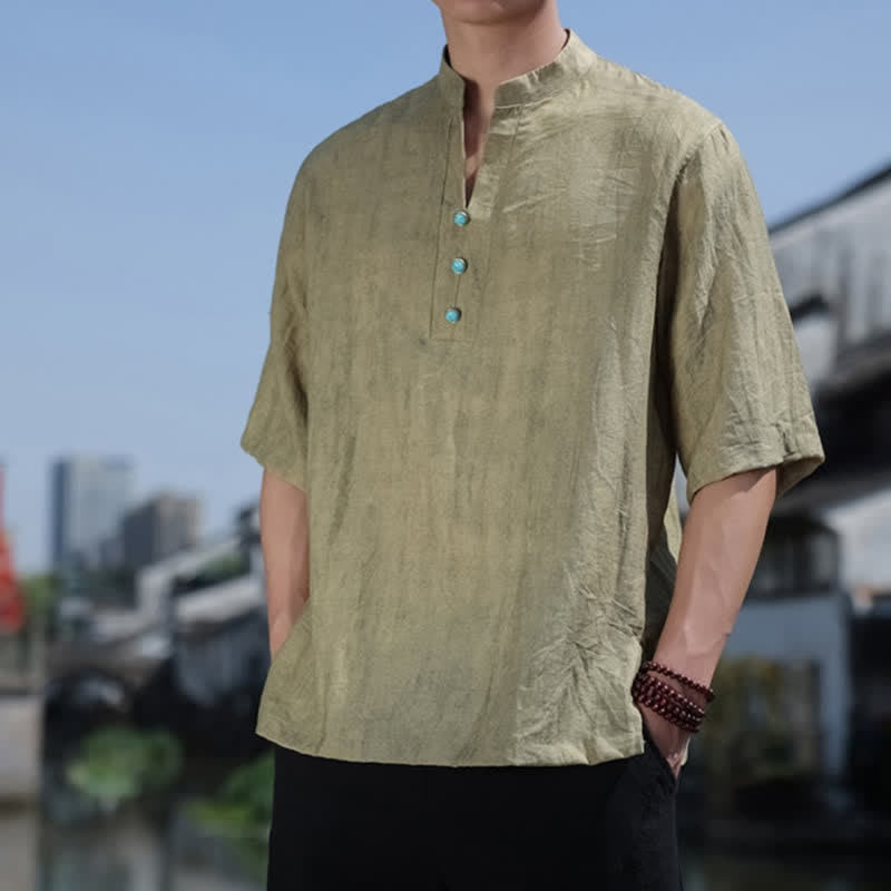 Buddha Stones 夏物タイ族民族半袖メンズノッチカラーボタンTシャツ - image 1