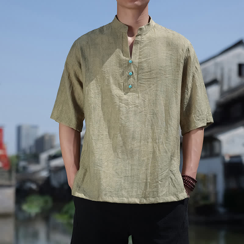 Buddha Stones 夏物タイ族民族半袖メンズノッチカラーボタンTシャツ - オリーブドラブ - US/UK/AU46、 EU56 (5XL) - image 0