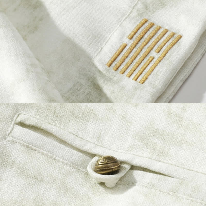 Buddha Stones カエルボタン模様刺繍入り半袖唐装メンズリネンシャツ - image 8