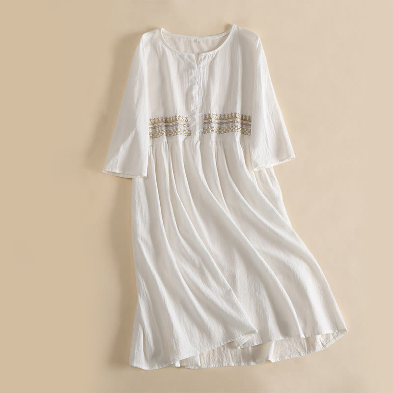 Buddha Stones刺繍幾何学模様半袖レディースミディドレス（ポケット付き） - 白 - US14、 UK/AU18、 EU46 (4XL) - image 1