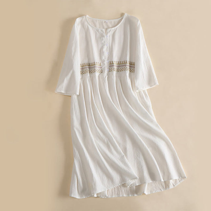 Buddha Stones刺繍幾何学模様半袖レディースミディドレス（ポケット付き） - 白 - US14、 UK/AU18、 EU46 (4XL) - image 1