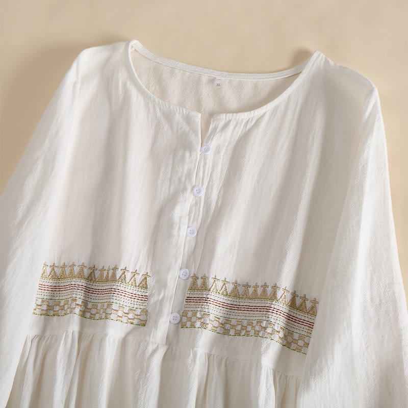 Buddha Stones刺繍幾何学模様半袖レディースミディドレス（ポケット付き） - image 3