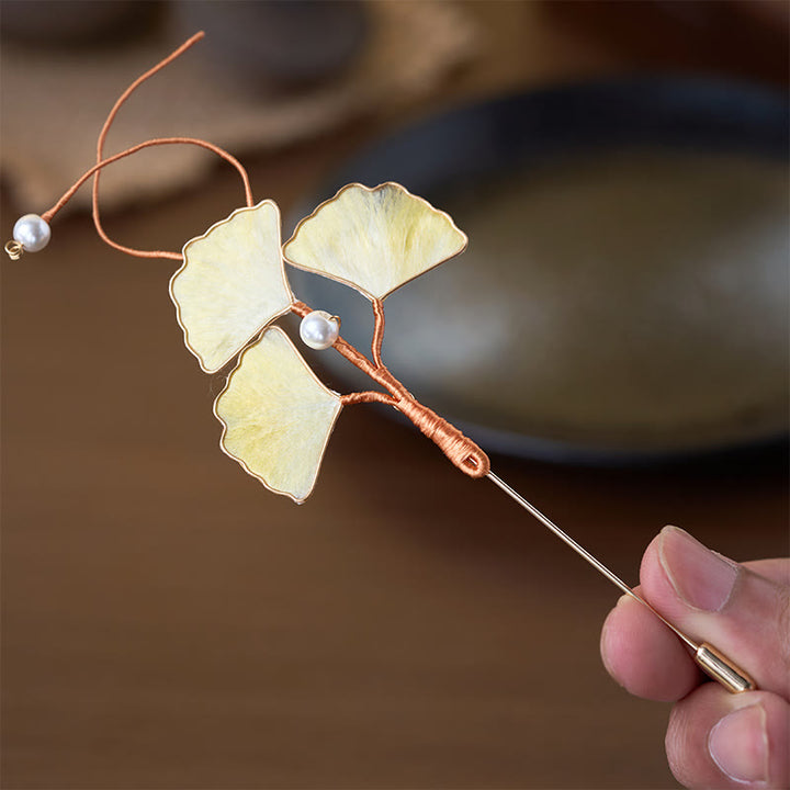 Buddha Stones 手作りシルクアートベルベットフラワーイチョウの葉ブローチ - イチョウの葉 約7～8cm - image 0