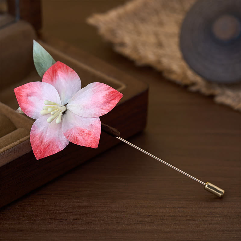 Buddha Stones 手作りシルクアートベルベットフラワーレッド5枚の花びらブローチ - image 1