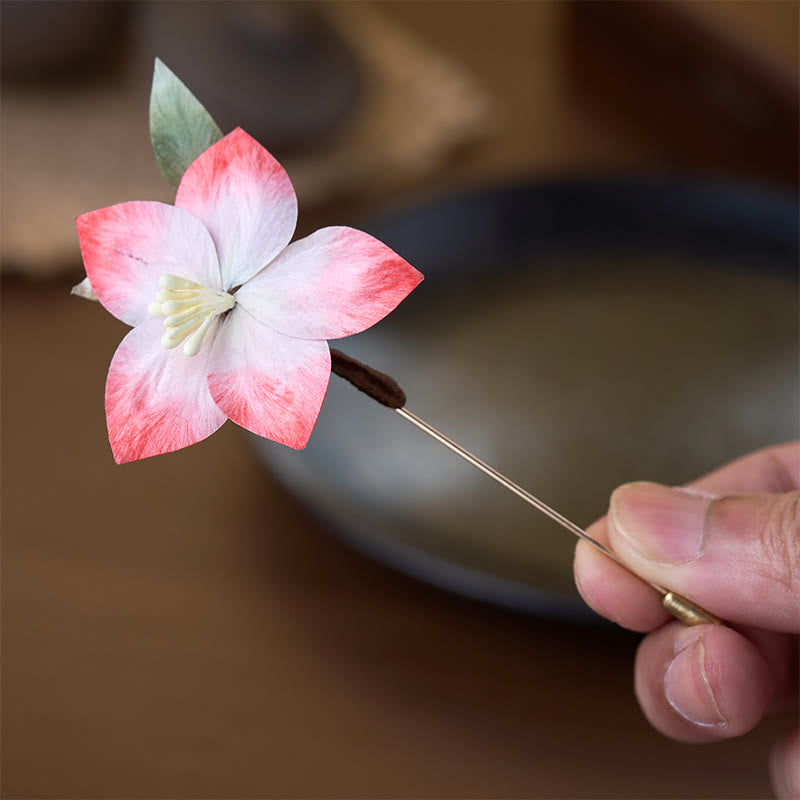Buddha Stones 手作りシルクアートベルベットフラワーレッド5枚の花びらブローチ - image 2