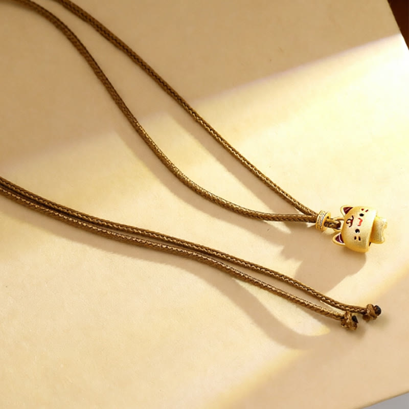 Buddha Stones かわいい猫の銅メッキゴールド調節可能編み込みロープ保護ネックレスペンダント - image 4