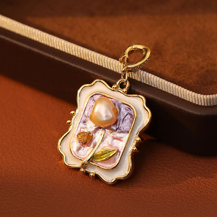 Buddha Stones 花の油絵、真珠、銅のヒーリングネックレスペンダント - image 3