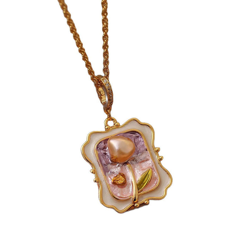 Buddha Stones 花の油絵、真珠、銅のヒーリングネックレスペンダント - image 5