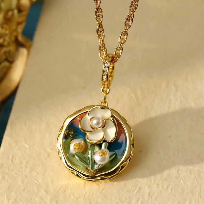 Buddha Stones レトロな丸型油絵風花柄銅製富のネックレスペンダント - image 3