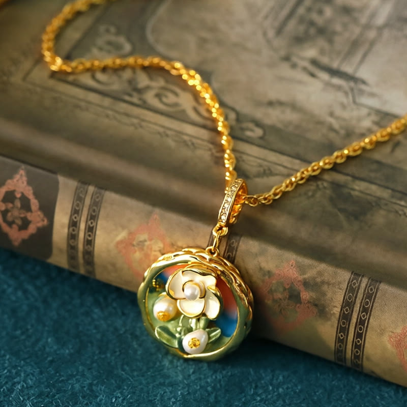 Buddha Stones レトロな丸型油絵風花柄銅製富のネックレスペンダント - image 1