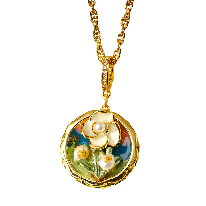 Buddha Stones レトロな丸型油絵風花柄銅製富のネックレスペンダント - image 4