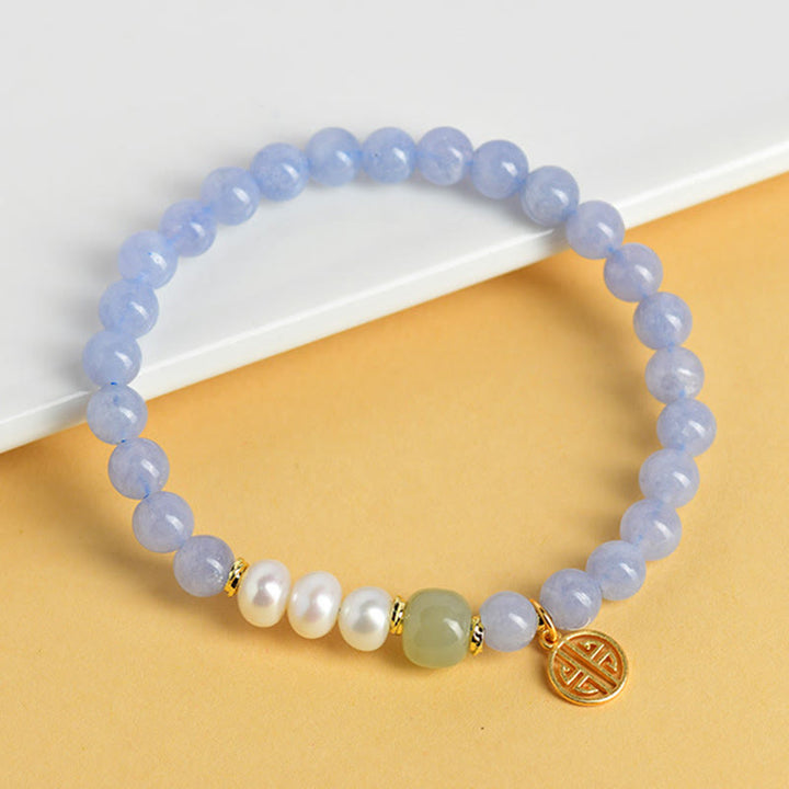 Buddha Stones ブルーカルセドニーパールビーズのエナジーブレスレット - image 2