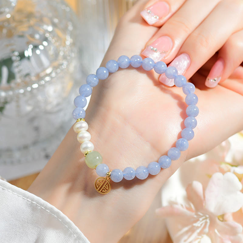 Buddha Stones ブルーカルセドニーパールビーズのエナジーブレスレット - image 4