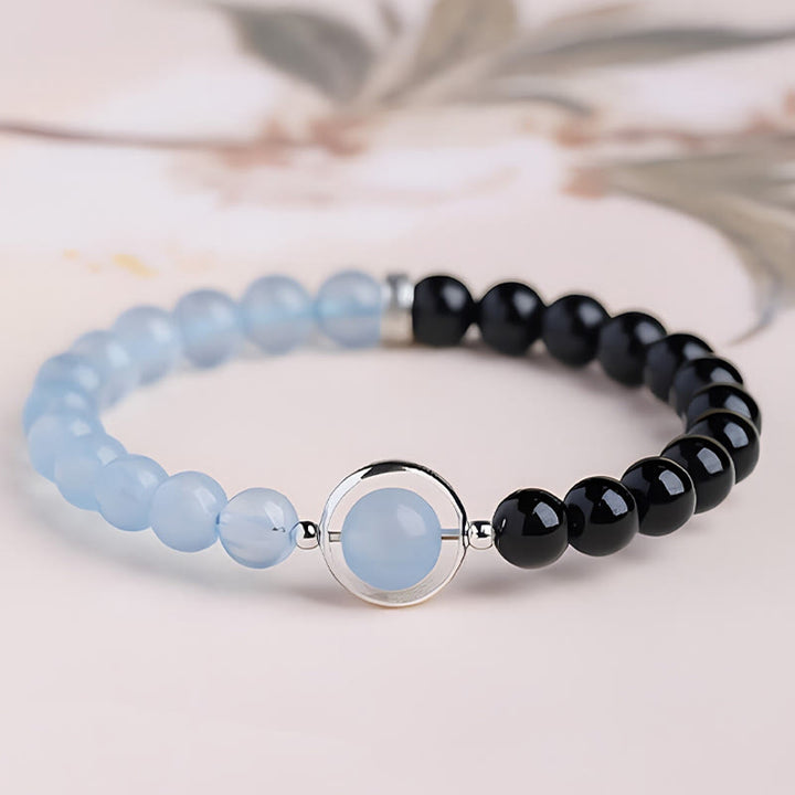 Buddha Stones アクアマリンとブラックオブシディアンの平和浄化ブレスレット - シングルラップブレスレット（手首周り：14～15cm） - image 0