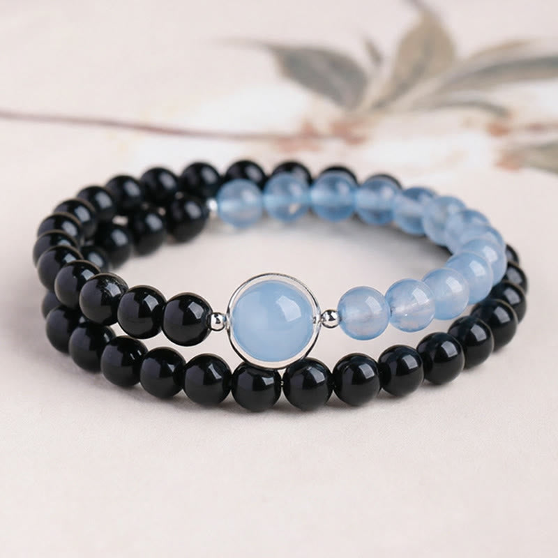 Buddha Stones アクアマリンとブラックオブシディアンの平和浄化ブレスレット - ダブルラップブレスレット（手首周り：14～15cm） - image 1