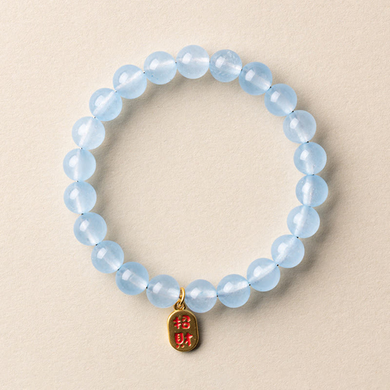 Buddha Stones 天然アクアマリン 福の文字 幸運と癒しのブレスレット - 8mmアクアマリン幸運のお守り（手首周り：14～15cm） - image 6