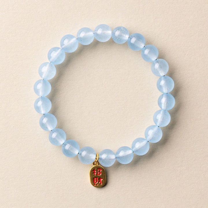 Buddha Stones 天然アクアマリン 福の文字 幸運と癒しのブレスレット - 8mmアクアマリン幸運のお守り（手首周り：14～15cm） - image 6