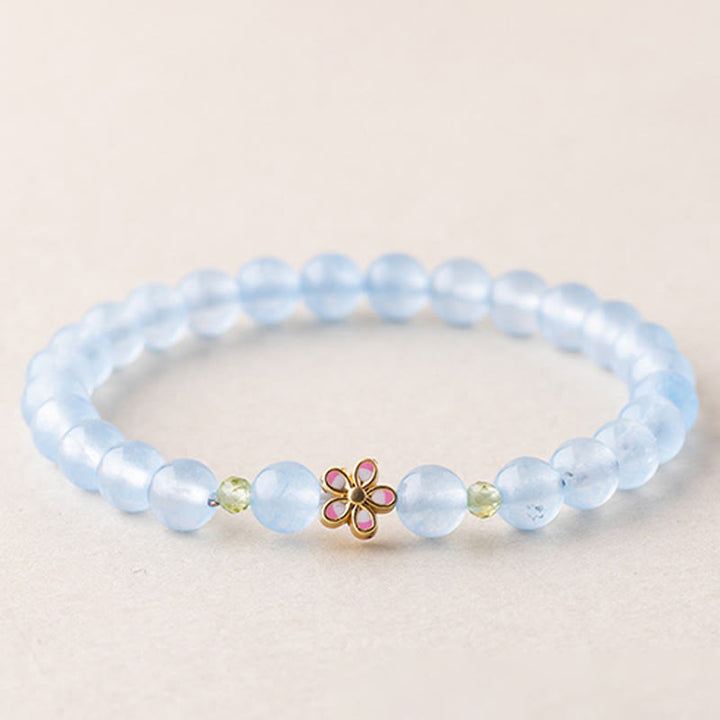 Buddha Stones 天然アクアマリンと金メッキ銅製フラワーヒーリングブレスレット - アクアマリン（手首周り：15～16cm） - image 0