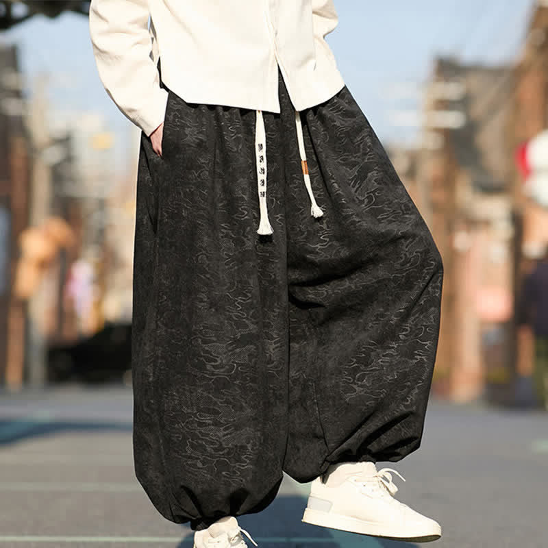 Buddha Stones ブラックジャカードドローストリングゴムカフメンズハーレムパンツ（ポケット付き） - image 7
