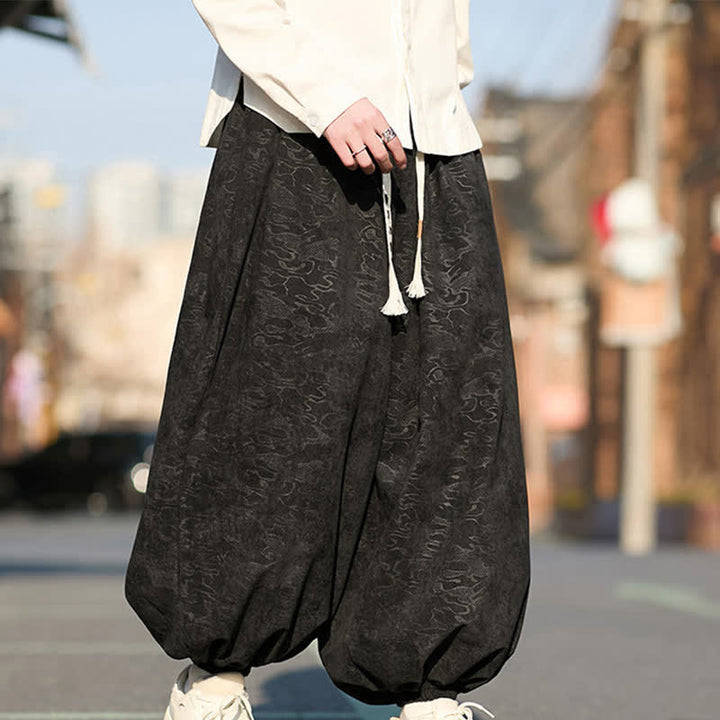 Buddha Stones ブラックジャカードドローストリングゴムカフメンズハーレムパンツ（ポケット付き） - image 3