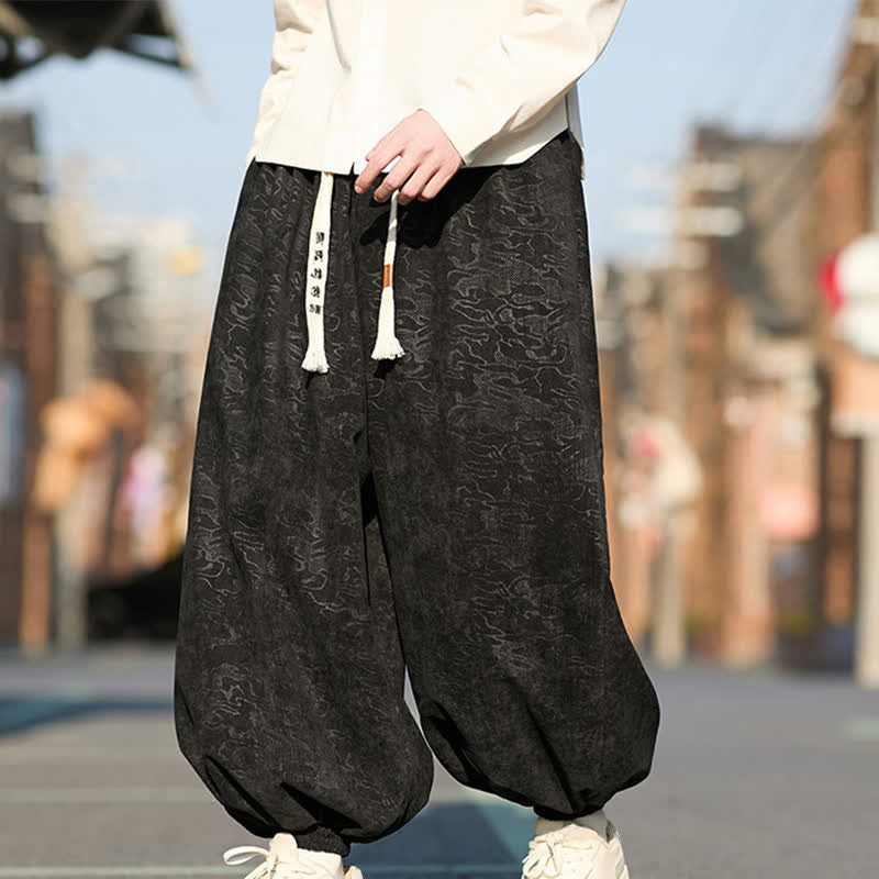 Buddha Stones ブラックジャカードドローストリングゴムカフメンズハーレムパンツ（ポケット付き） - image 1