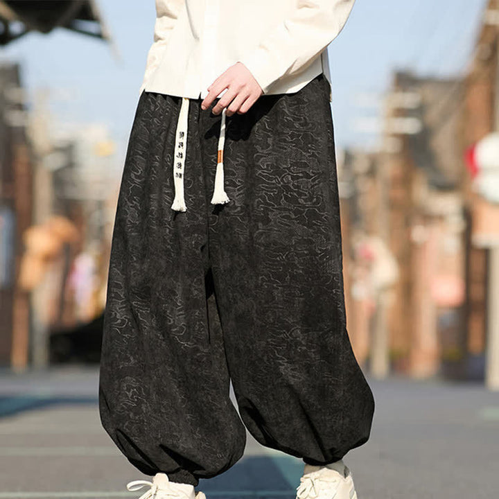 Buddha Stones ブラックジャカードドローストリングゴムカフメンズハーレムパンツ（ポケット付き） - image 1