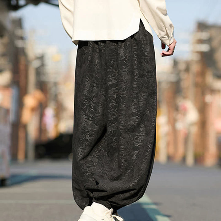 Buddha Stones ブラックジャカードドローストリングゴムカフメンズハーレムパンツ（ポケット付き） - image 5
