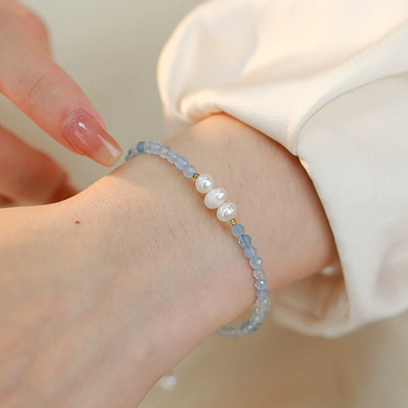 Buddha Stones 天然アクアマリン 4mmビーズ パールセレニティブレスレット - image 10