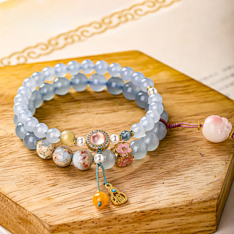 Buddha Stones ブルーカルセドニーの「福」の文字と猫の足跡をモチーフにしたヒーリングブレスレット - 猫の肉球（手首周り：14～15cm） - image 0