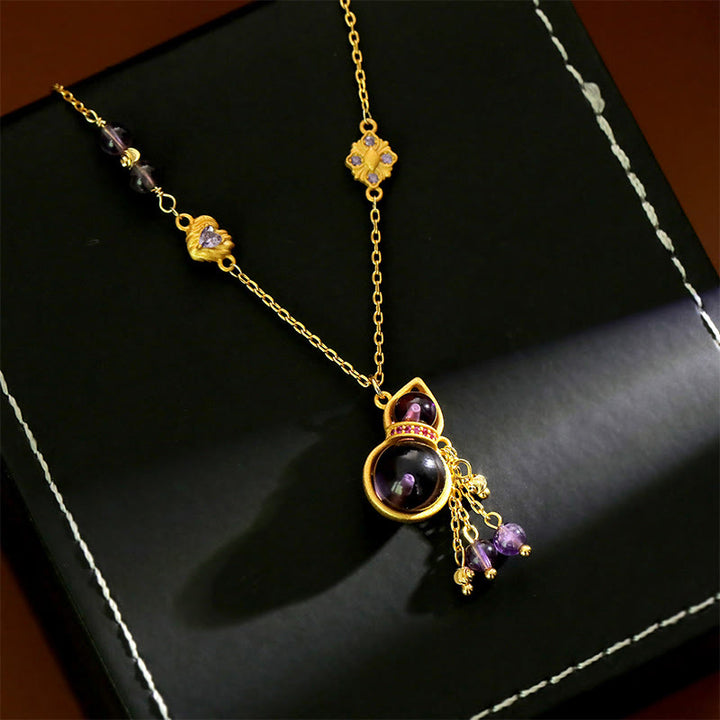 Buddha Stones ひょうたんタッセル付きアメジスト銅チェーン瞑想ネックレスペンダント - image 0