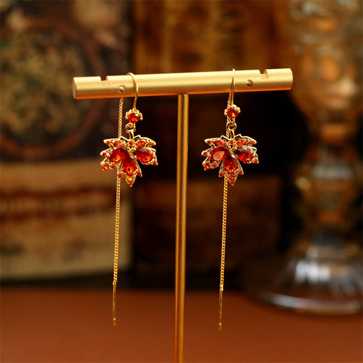 Buddha Stones メープルリーフ レッドジルコン 銅製 幸運ドロップ ダングルピアス - image 3