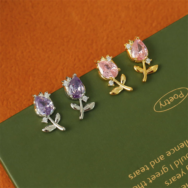 Buddha Stones ピンクと紫のチューリップ型ジルコン銅製ヒーリングスタッドピアス - image 7