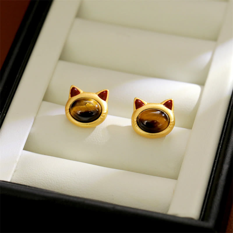 Buddha Stones ターコイズとタイガーアイの猫の頭のデザインが施された銅製の保護スタッドピアス - タイガーアイ（925スターリングシルバー製ポスト） - image 6