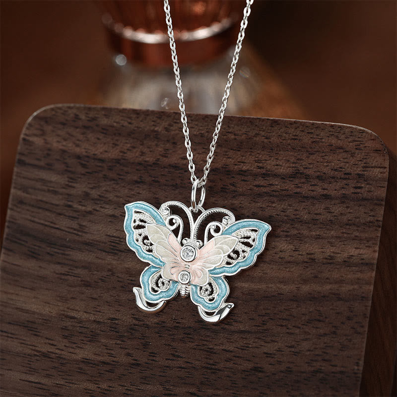 Buddha Stones 999スターリングシルバー製バタフライブルーエナメルプロテクションネックレスペンダント - image 2