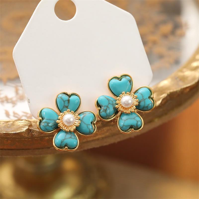 Buddha Stones ターコイズ ラブハート フラワー 銅製ヒーリングスタッドピアス - ターコイズ（合成）（925スターリングシルバー製ポスト） - image 0