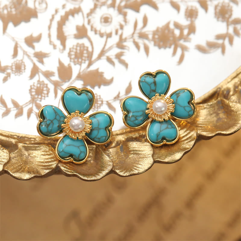 Buddha Stones ターコイズ ラブハート フラワー 銅製ヒーリングスタッドピアス - image 1