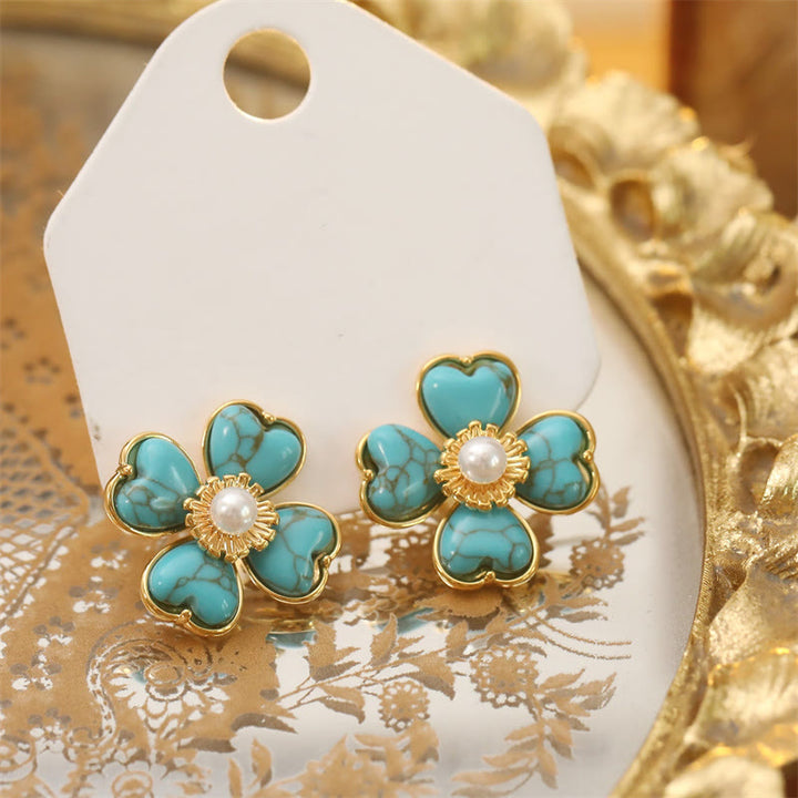 Buddha Stones ターコイズ ラブハート フラワー 銅製ヒーリングスタッドピアス - image 3