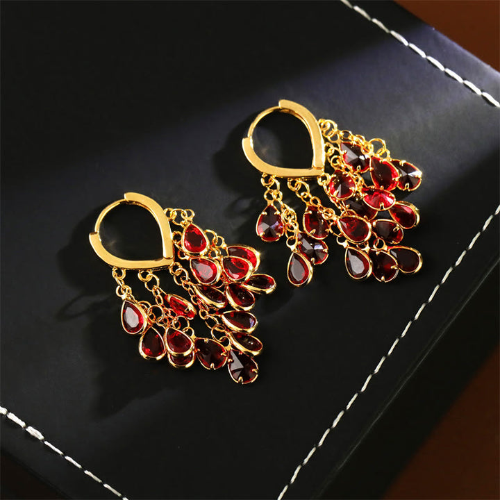 Buddha Stones 赤い水滴のタッセル付きヒーリング銅製フープピアス - image 3