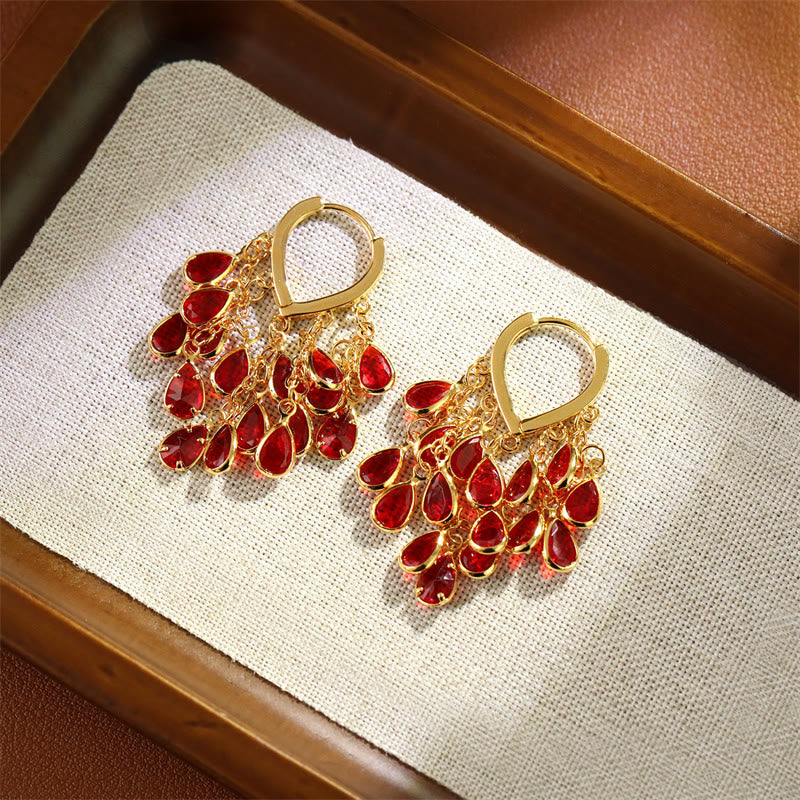 Buddha Stones 赤い水滴のタッセル付きヒーリング銅製フープピアス - image 1