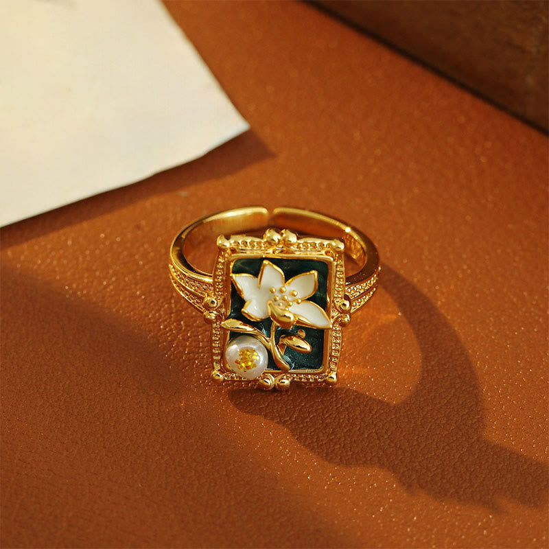 Buddha Stones ヴィンテージ油絵蓮の花真珠銅製富の指輪 - image 3