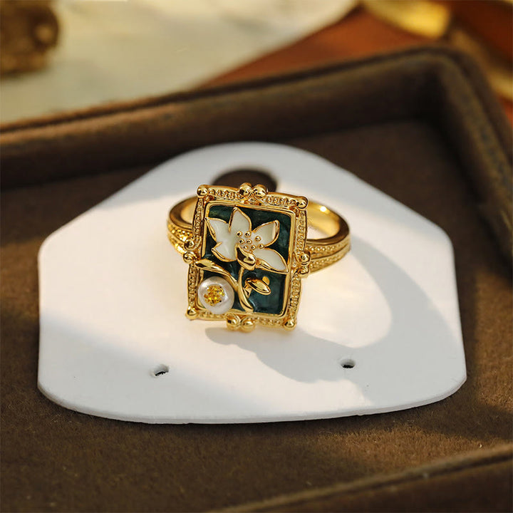 Buddha Stones ヴィンテージ油絵蓮の花真珠銅製富の指輪 - image 5