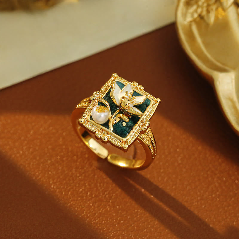 Buddha Stones ヴィンテージ油絵蓮の花真珠銅製富の指輪 - 銅製（リング内径約17mm） - image 0