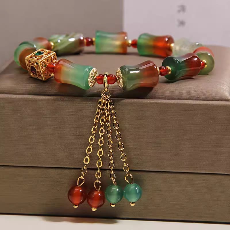 Buddha Stones カラフルな孔雀瑪瑙の竹ビーズとタッセルが付いた勇気のブレスレット - image 5