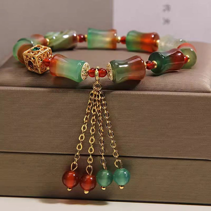 Buddha Stones カラフルな孔雀瑪瑙の竹ビーズとタッセルが付いた勇気のブレスレット - image 5
