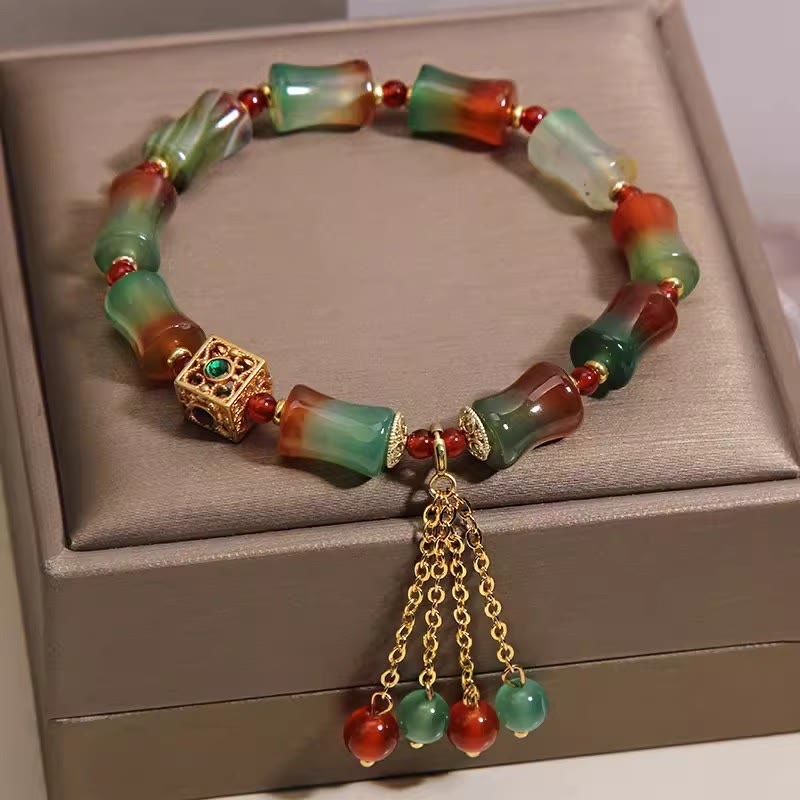 Buddha Stones カラフルな孔雀瑪瑙の竹ビーズとタッセルが付いた勇気のブレスレット - image 3