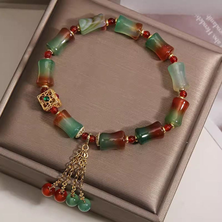 Buddha Stones カラフルな孔雀瑪瑙の竹ビーズとタッセルが付いた勇気のブレスレット - image 2