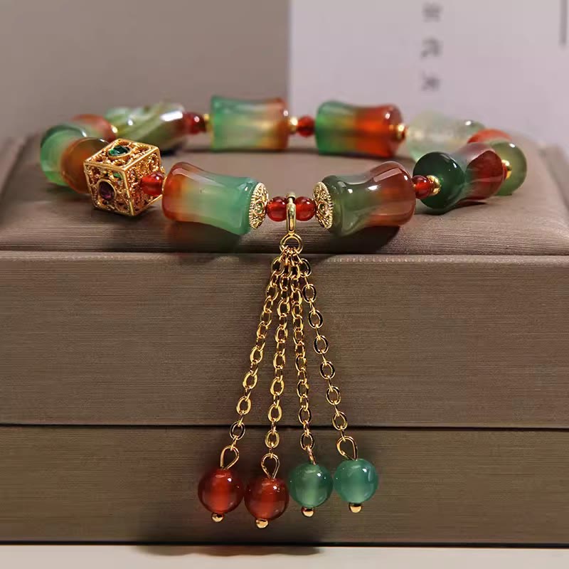 Buddha Stones カラフルな孔雀瑪瑙の竹ビーズとタッセルが付いた勇気のブレスレット - 孔雀瑪瑙（手首周り14～16cm） - image 0