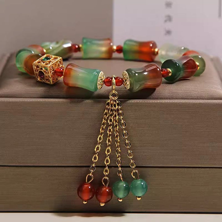Buddha Stones カラフルな孔雀瑪瑙の竹ビーズとタッセルが付いた勇気のブレスレット - 孔雀瑪瑙（手首周り14～16cm） - image 0