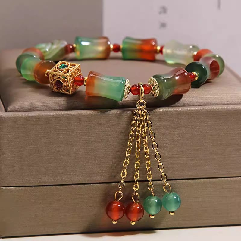 Buddha Stones カラフルな孔雀瑪瑙の竹ビーズとタッセルが付いた勇気のブレスレット - image 4